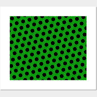 Pattern hexagonal green on black background Posters and Art